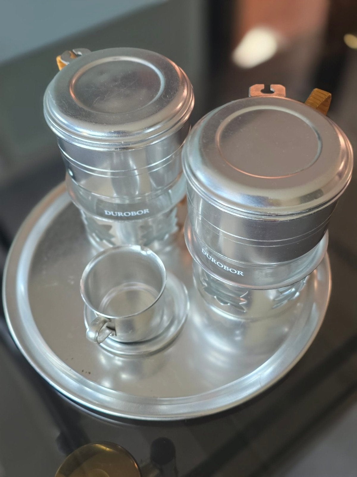 Durobor vintage koffiezetapparaten met 2 filters, met kop en, Ophalen