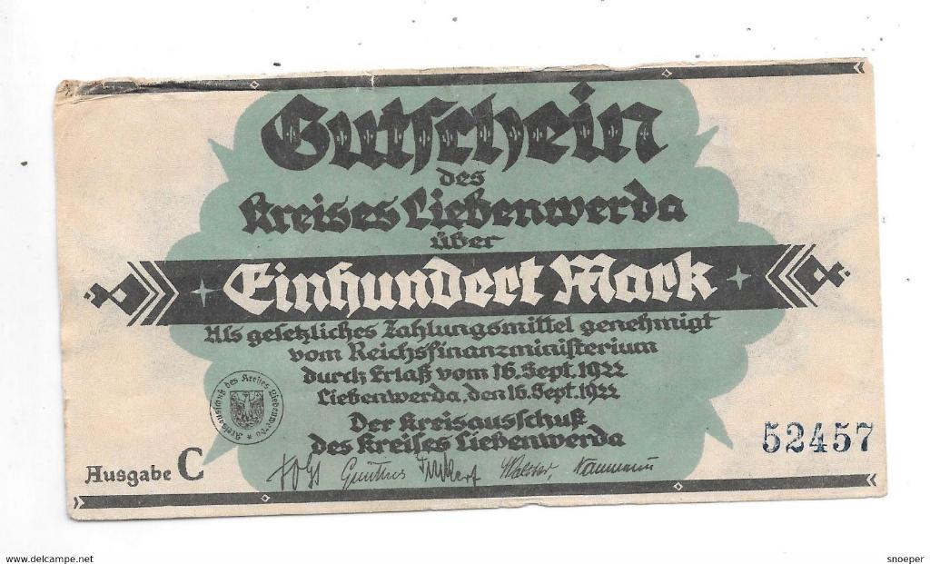 liebenwerda 100 mark 16/9//1922 S Bez C kn 5 mm grun 2720.5b, Postzegels en Munten, Verzenden, Duitsland, Los biljet