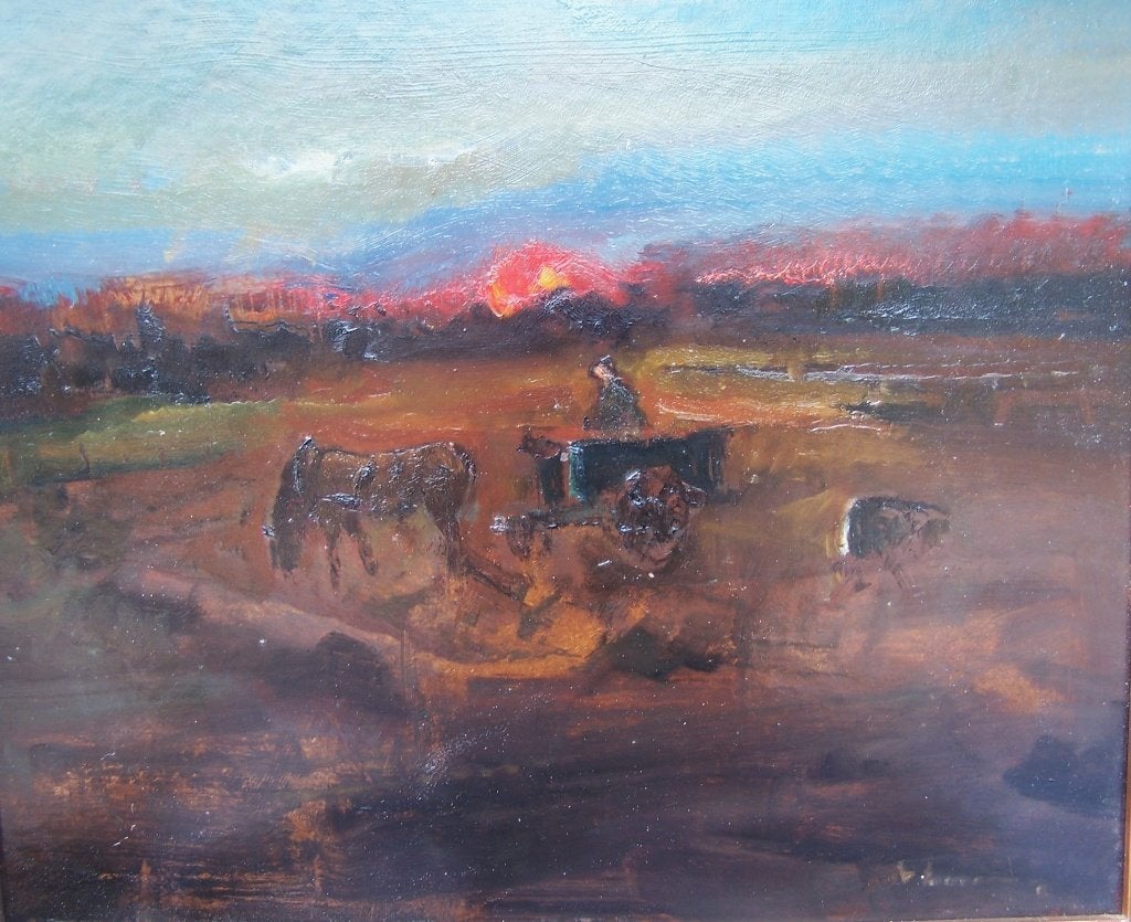 Boer met kar en paard., Paneel, Expressionistisch, Ophalen of Verzenden, Gesigneerd