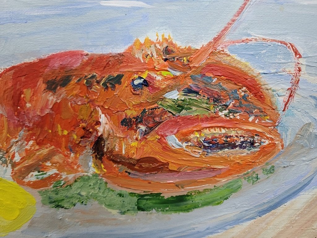 XTIAN, the lunch and the lobster, Antiek en Kunst, Ophalen of Verzenden, Handgeschilderd, Bloemen, Doek