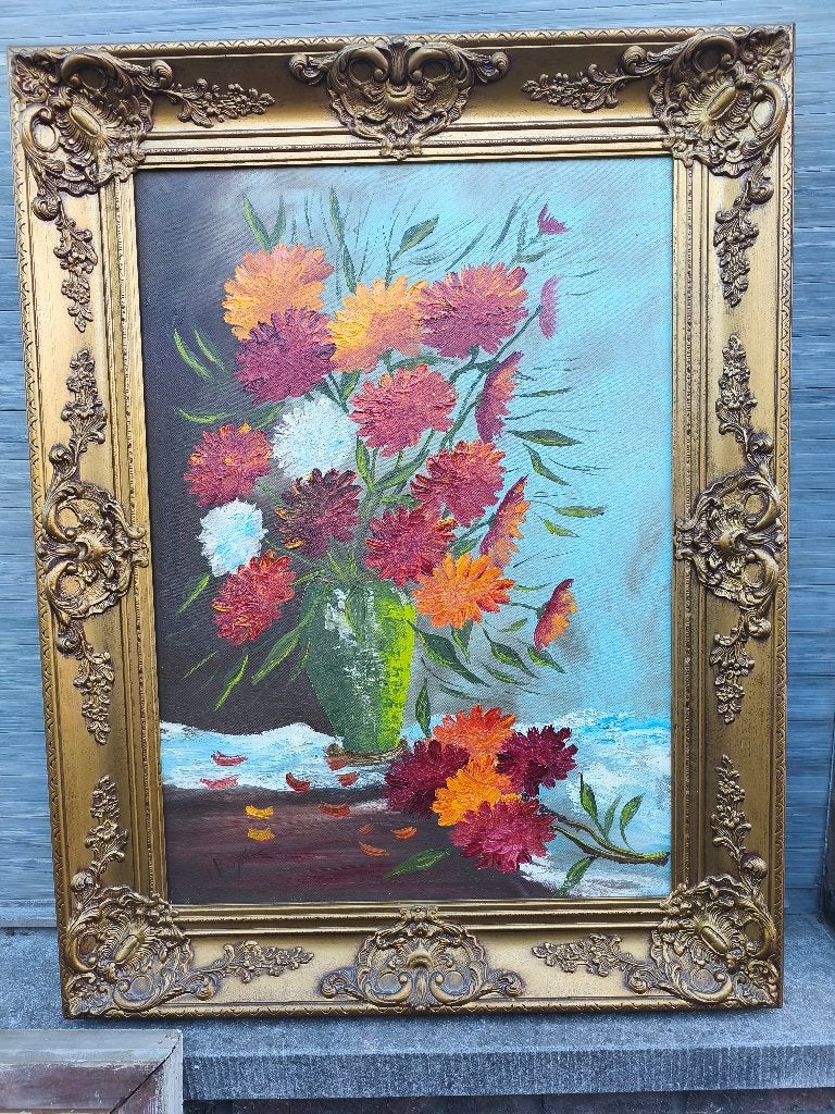 Huile sur toile fleurs signe, Enlèvement ou Envoi, Fleurs, Toile