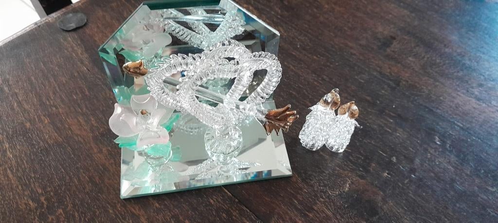 Kristal beeldje bloem, kaarsjes en spiegel, Verzamelen, Ophalen, Gebruikt, Kristal, Beeldje(s)