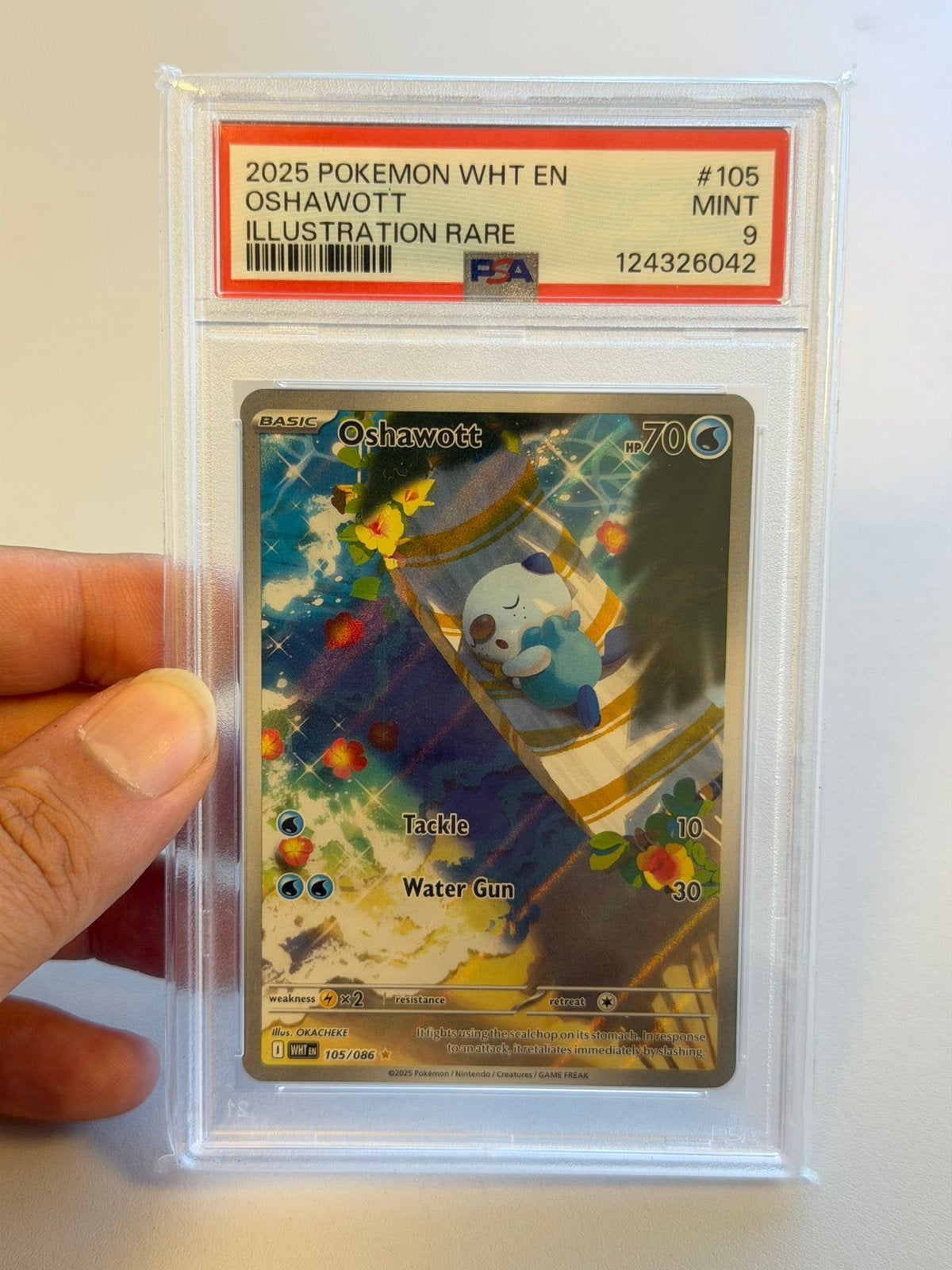 Pokémon Oshawott 105 105/086 Illustration Rare PSA 9 – 2025, Ophalen of Verzenden, Zo goed als nieuw, Losse kaart, Foil