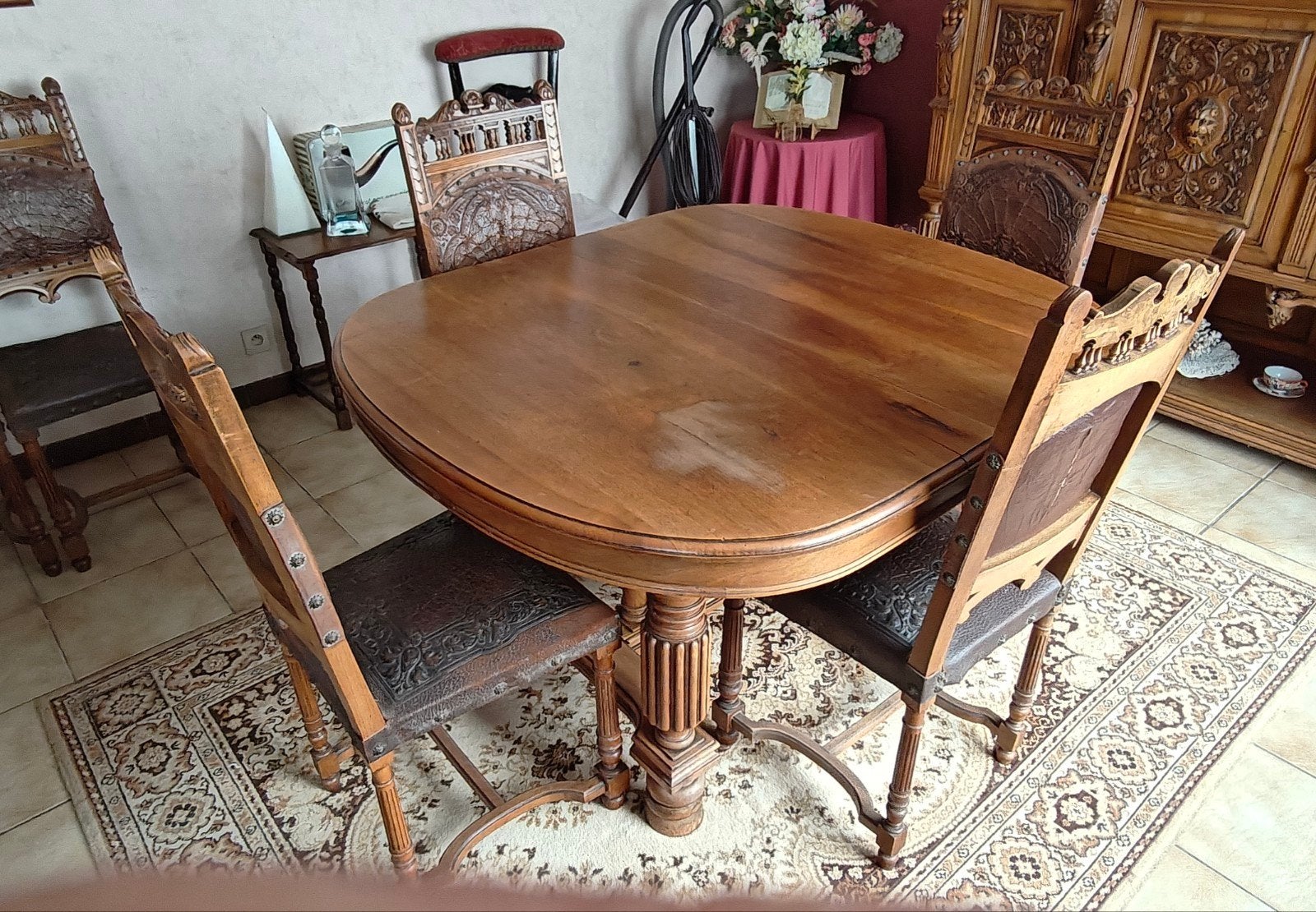 neo renaissance eettafel met 8 stoelen met orgineel leder, Ophalen