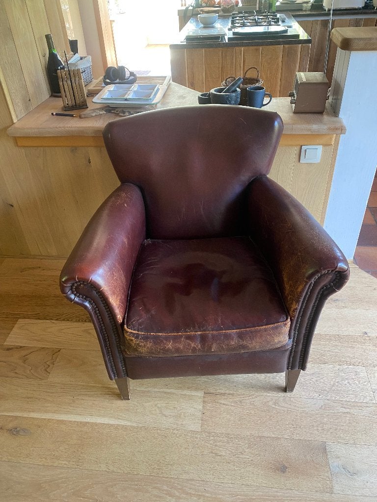lederen 1 persoonszetel vintage, Huis en Inrichting, Ophalen, Gebruikt, Leer, 75 tot 100 cm