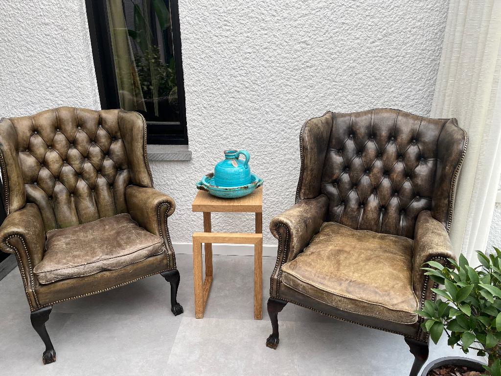 2 chesterfield fauteuils, Huis en Inrichting, Fauteuils, Ophalen, Gebruikt, Leer