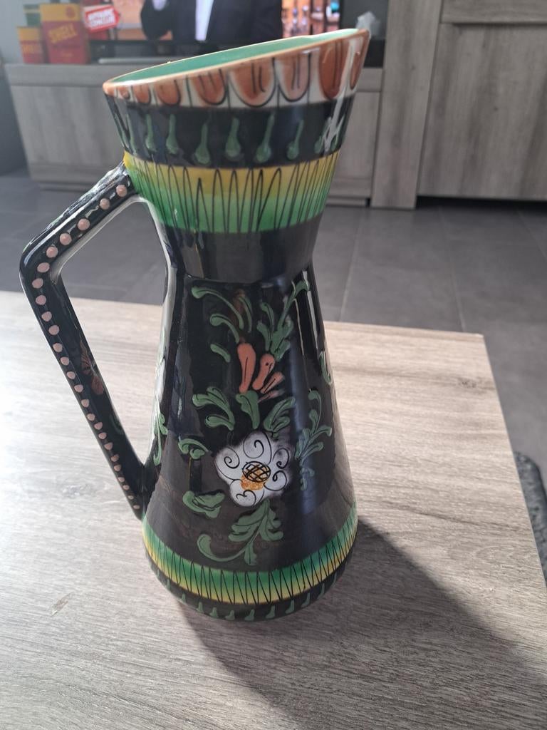 BEQUET geëmailleerde keramische kruik met bloemen, Antiek en Kunst, Ophalen of Verzenden