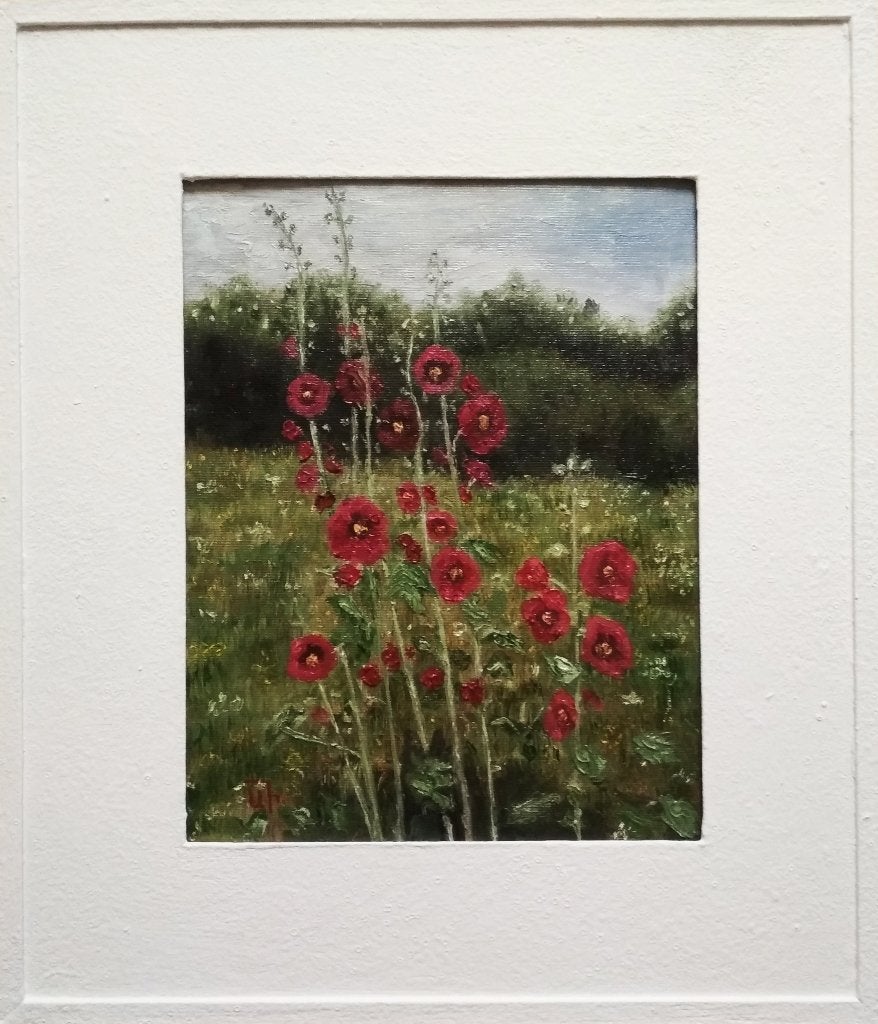 "Wild Mallow" Ingelijst schilderij, Antiek en Kunst, Kunst | Schilderijen | Klassiek, Bloemen, Impressionistisch, Olieverf, Gedateerd