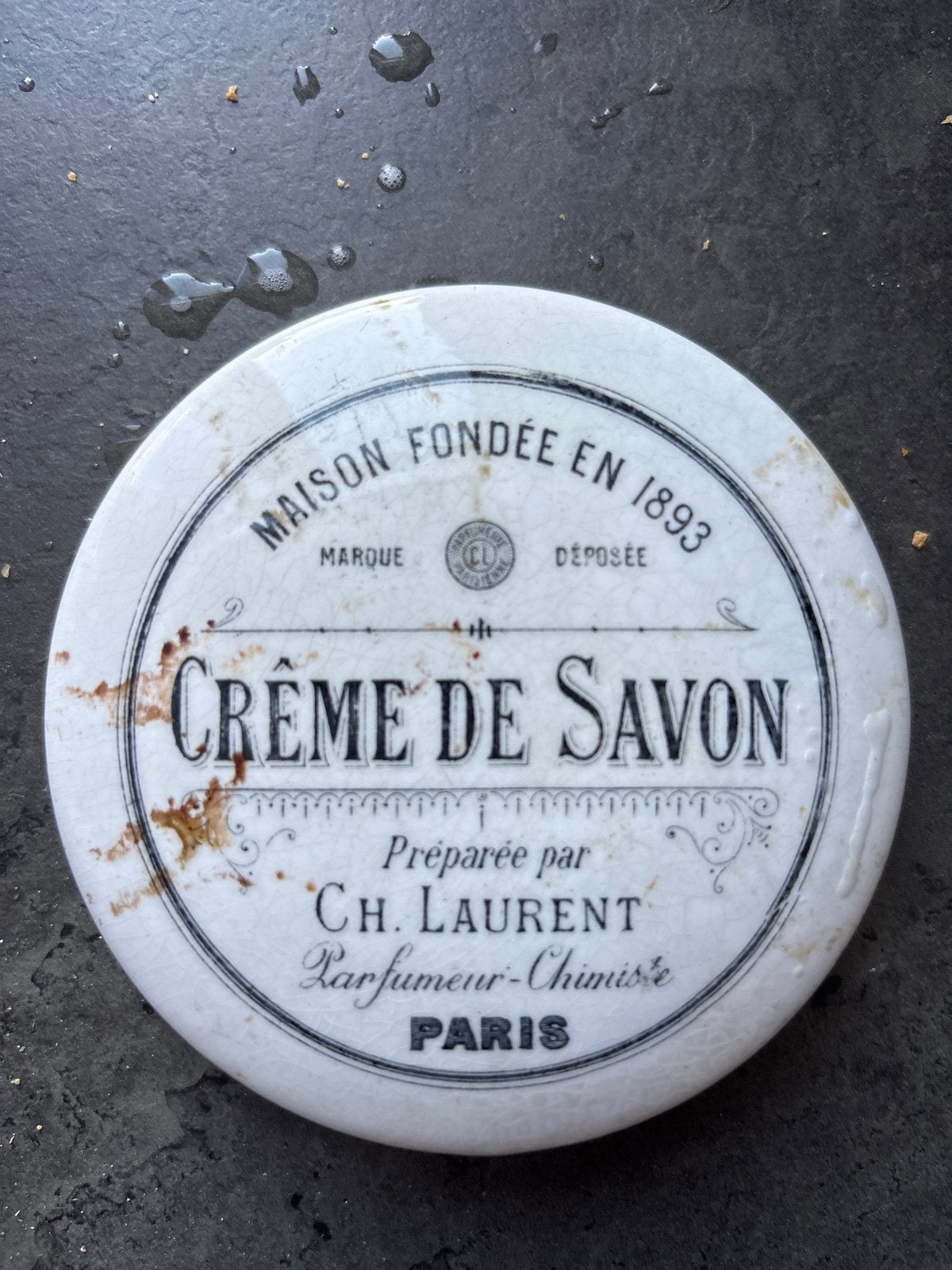 Oud Frans deksel van zeepdoos Crème de Savon Ch. Laurent Par, Ophalen of Verzenden