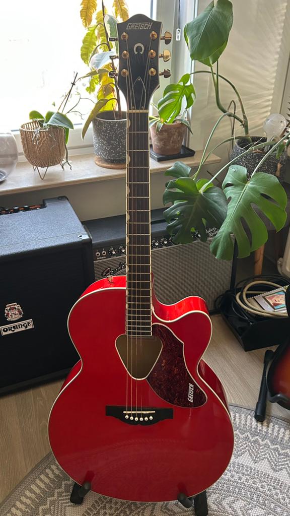 Gretsch Ranger rood electro akoestische gitaar, Ophalen, Zo goed als nieuw, Western- of Steelstringgitaar, Met koffer