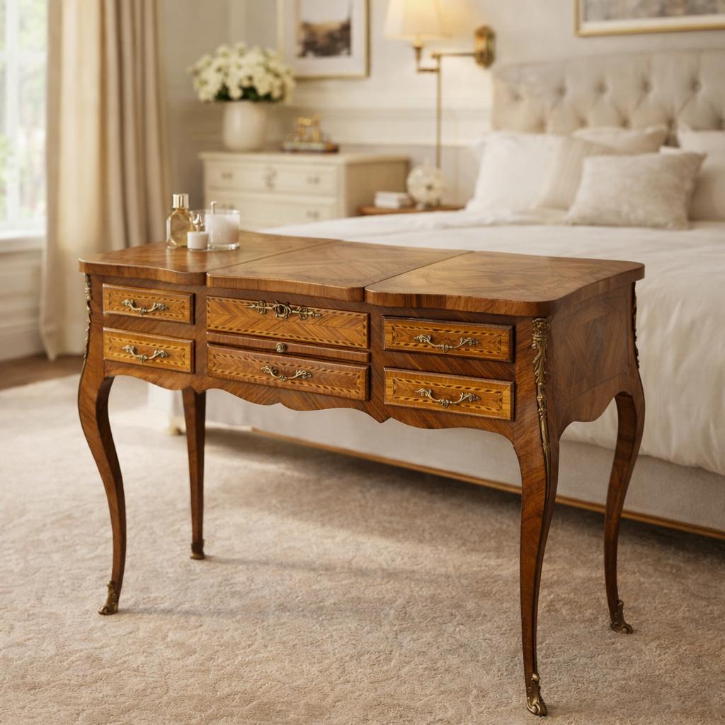Coiffeuse ancienne marquetée avec miroir – style Louis XV, Antiquités & Art, Enlèvement
