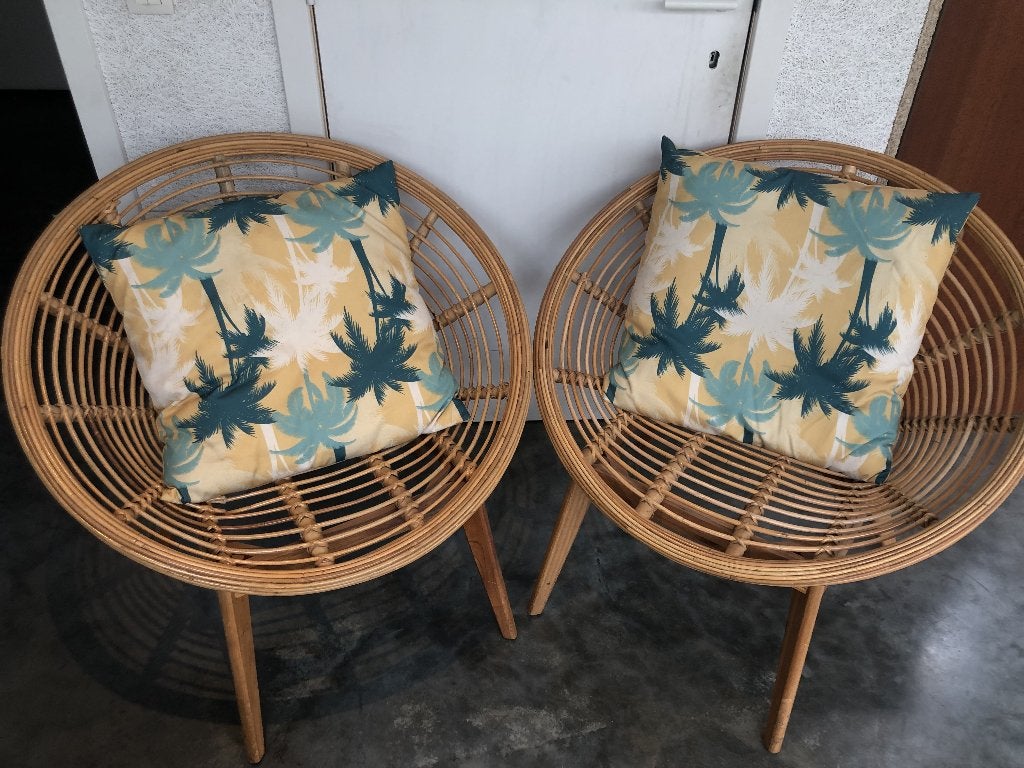2 bruine stoelen met bijhorende kussens (2), Huis en Inrichting, Ophalen, Zo goed als nieuw, Riet of Rotan, Mooie set van 2 rotan stoelen in boho/vintage stijl