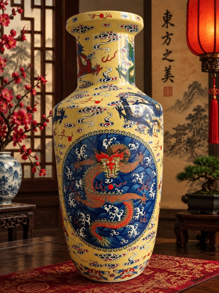 Chinese gele vaas met draak, Ophalen, Zo goed als nieuw, Geel