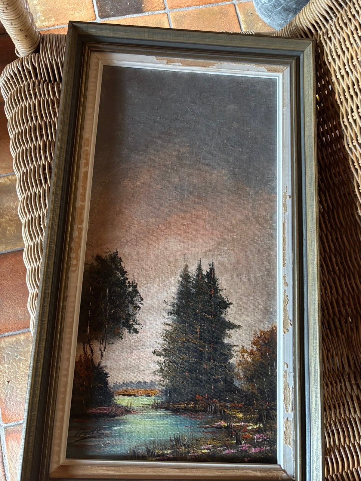 Vintage olieverfschilderij – bos- en vijverlandschap, Doek, Ophalen of Verzenden, Gesigneerd, Landschap