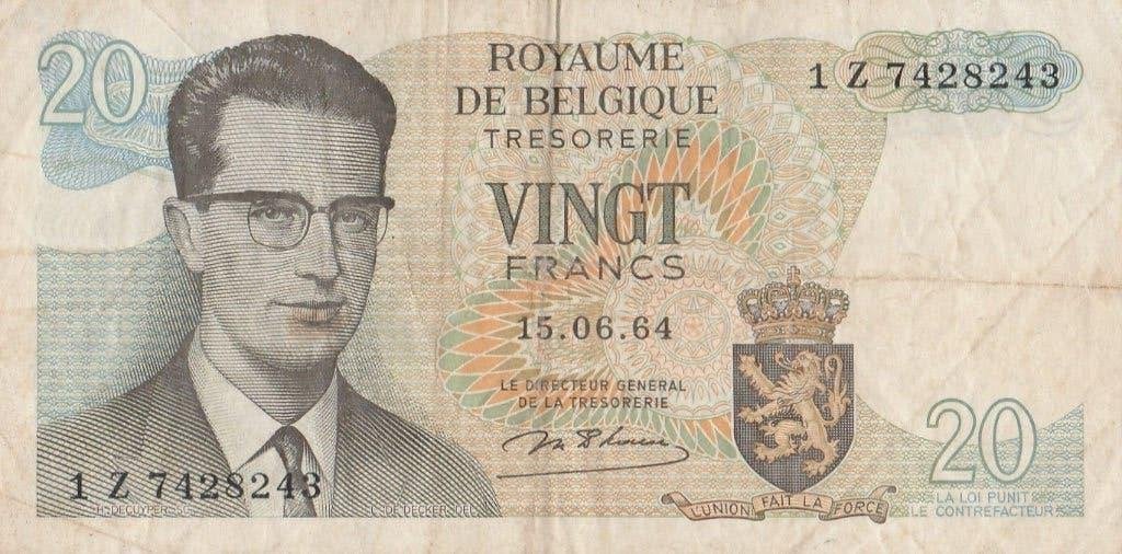 Bankbiljet van 20 frank uit België, 1964, Ophalen of Verzenden, Los biljet