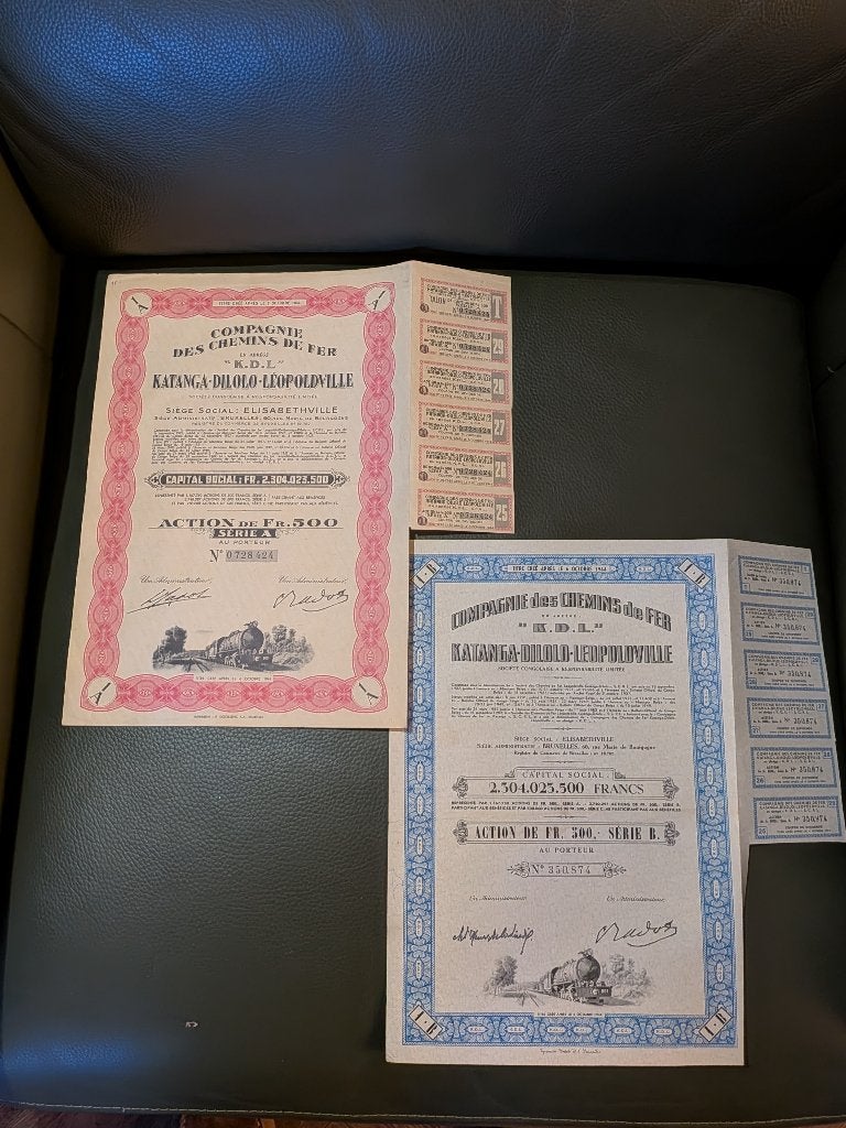 2 antiquarische aandelen spoorwegen Belgisch Congo 1952, Timbres & Monnaies, Enlèvement ou Envoi, 1950 à 1970, Action
