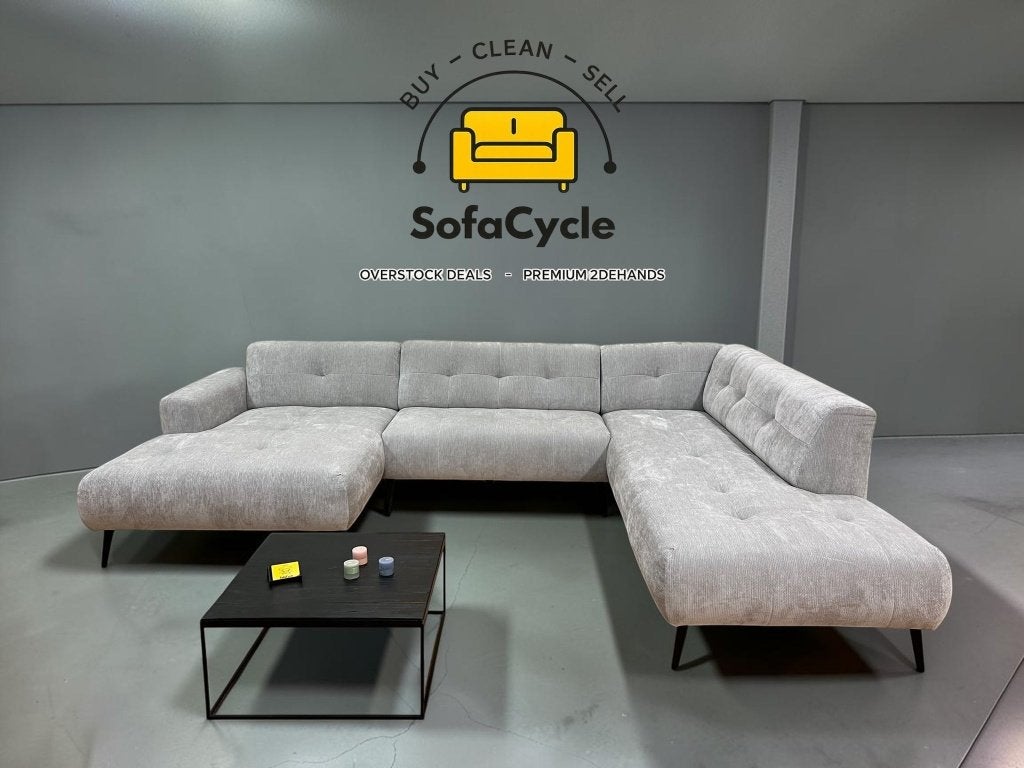 U-zetel grijs bouclé XL 330 cm – nieuw, Gebruikt, Zonnestraat 223-229, 9600 Ronse, België, Info@sofacycle.be, SofaCycle VOF