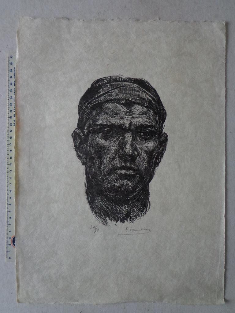 Litho van Pierre Paulus "Hoofd van mijnwerker", Antiquités & Art, Art | Lithographies & Sérigraphies, Enlèvement ou Envoi