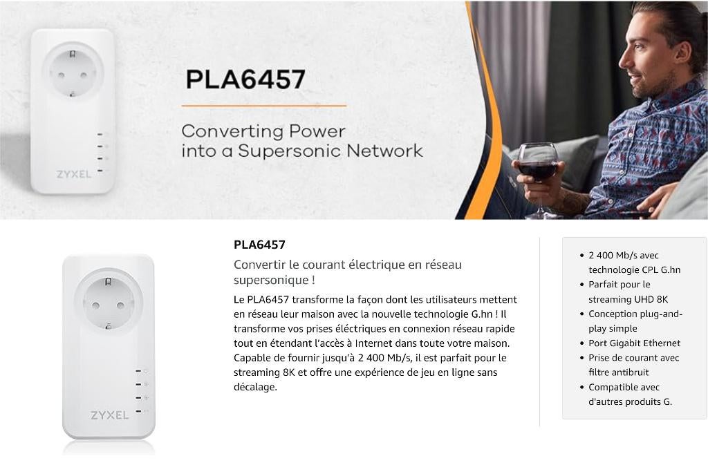 Kit CPL 2 prises Zyxel G.hn Powerline PLA6457, Informatique & Logiciels, Amplificateurs wifi, Enlèvement ou Envoi, Comme neuf
