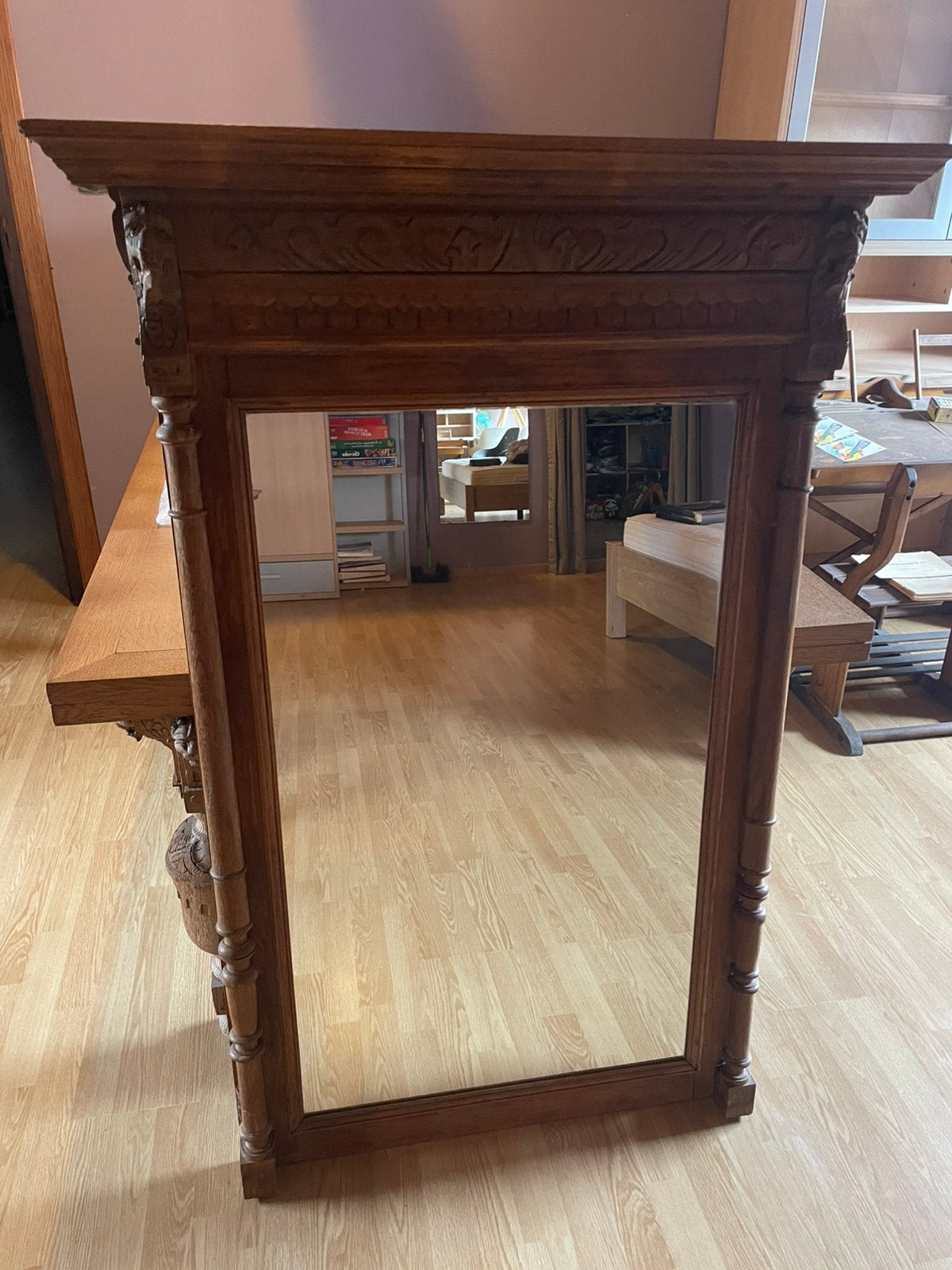 Spiegel met houten kader, Antiek en Kunst, Ophalen, Rechthoekig, 100 tot 150 cm, Minder dan 100 cm