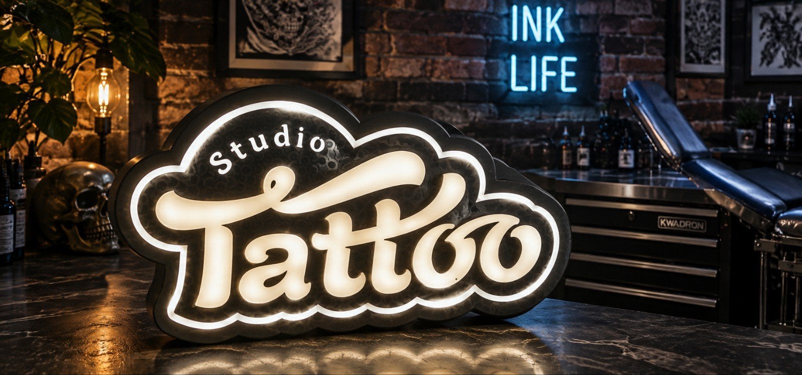 Deze opvallende lichtreclame met een 'Tattoo' design, Verzamelen, Ophalen of Verzenden, Nieuw, Lichtbak of (neon) lamp