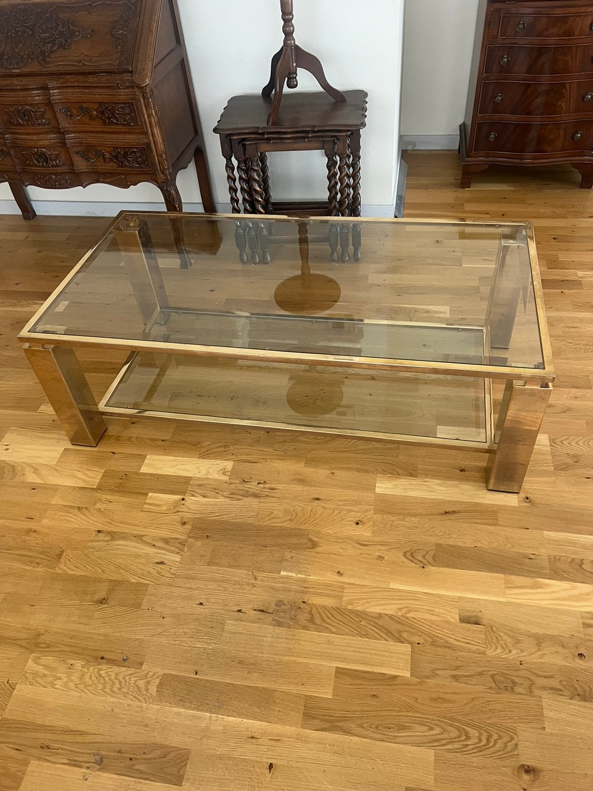 Table basse dorée vintage des années 1970, Enlèvement, Comme neuf, Verre