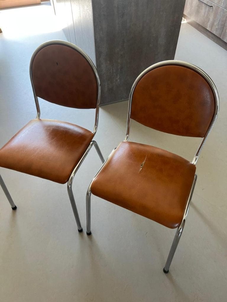 3 vintage stoelen in chroom en cognac, Ophalen, Gebruikt, Overige kleuren, Drie