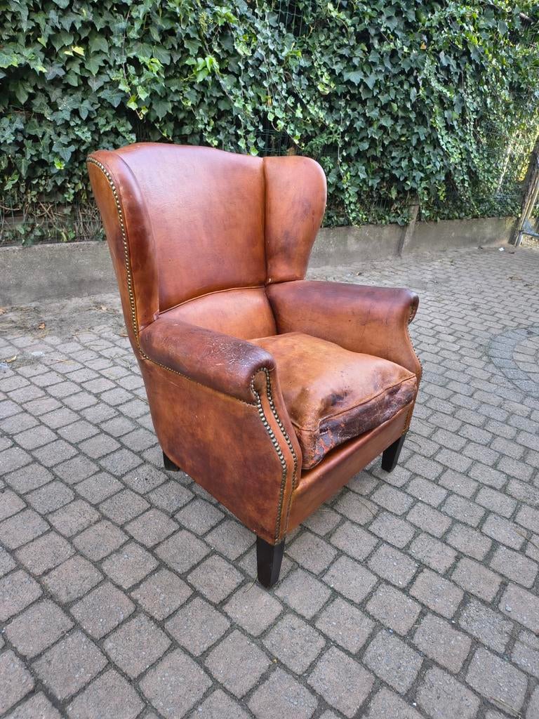 VERKOCHT Antieke Lederen Oorfauteuil Zetel Prachtige Patina, Ophalen, Gebruikt