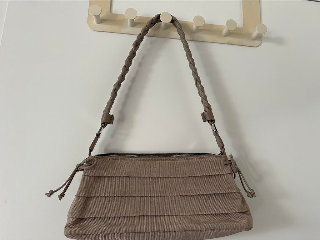Salvatore Ferragamo Mini Schoudertas Leer en Stof, Ophalen of Verzenden, Gebruikt, Beige, Schoudertasje