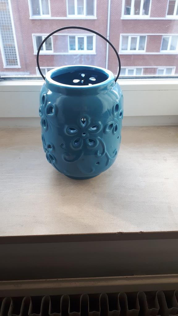 Lanterne en céramique bleue, Enlèvement ou Envoi, Comme neuf, Bleu, Bougie