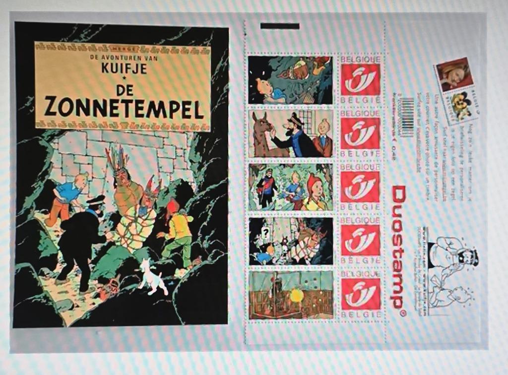 TINTIN- TEMPLE  SOLEIL 5 x 1.63 € DUOSTAMP + 1 CARTE POSTALE, Collections, Personnages de BD, Envoi, Tintin