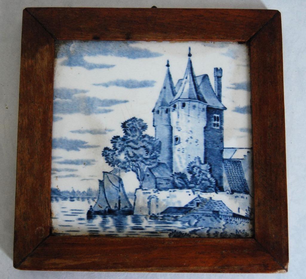 Antieke Delfts blauwe tegel - ingekaderd, Antiek en Kunst, Ophalen of Verzenden
