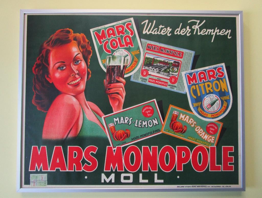 Oude affiche Mars Monopole Moll ingelijst, Verzamelen, Merken en Reclamevoorwerpen, Gebruikt, Overige typen, Ophalen of Verzenden