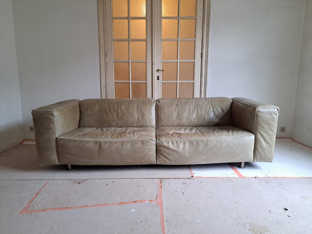 lederen zetel vintage, Huis en Inrichting, Zetels | Zetels, Gebruikt, Rechte bank, Driepersoons, 200 tot 250 cm, 75 tot 100 cm