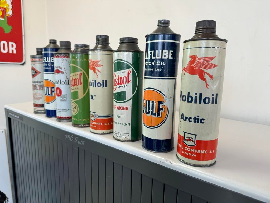 Divers bidons d'huile Gulf/Mobiloil/Castrol, Enlèvement ou Envoi, Utilisé, Emballage