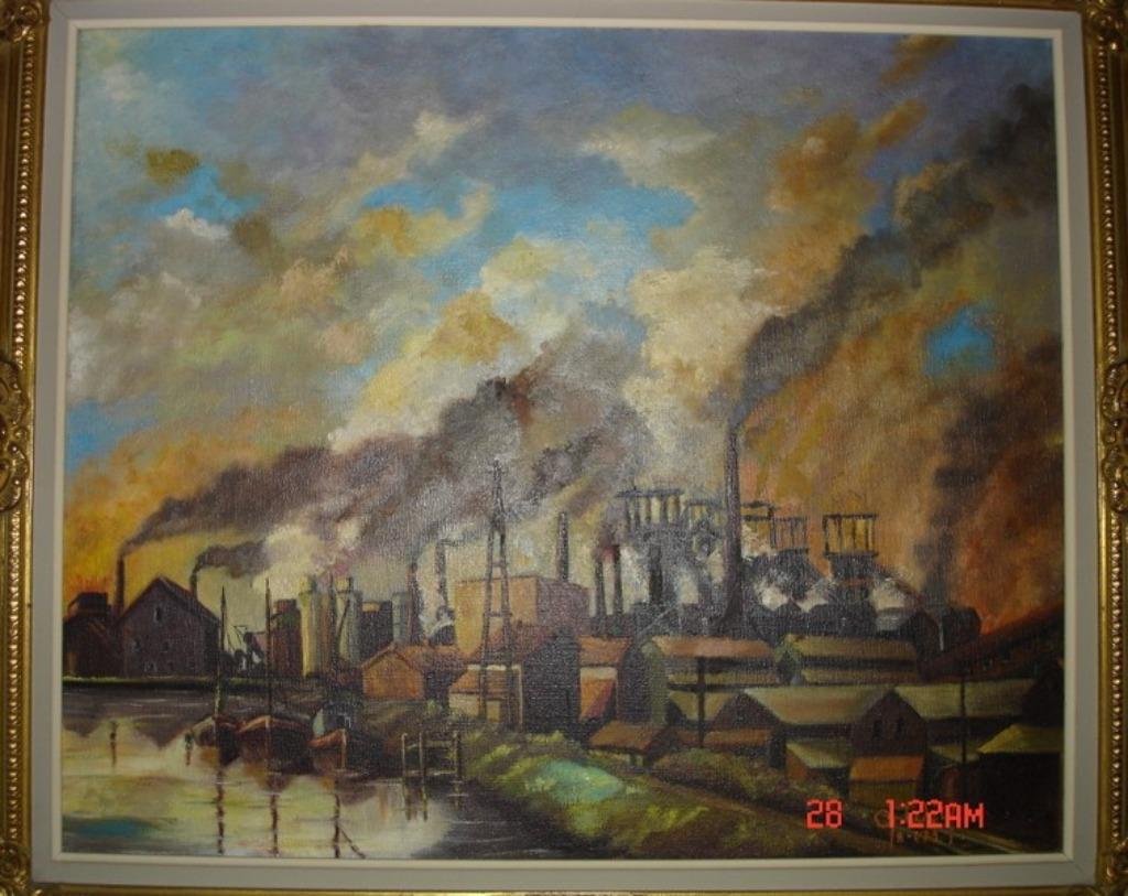Huile sur toile "Meuse et usines à Seraing" 1979 Gilles Wéry, Antiquités & Art, Art | Peinture | Classique, Enlèvement