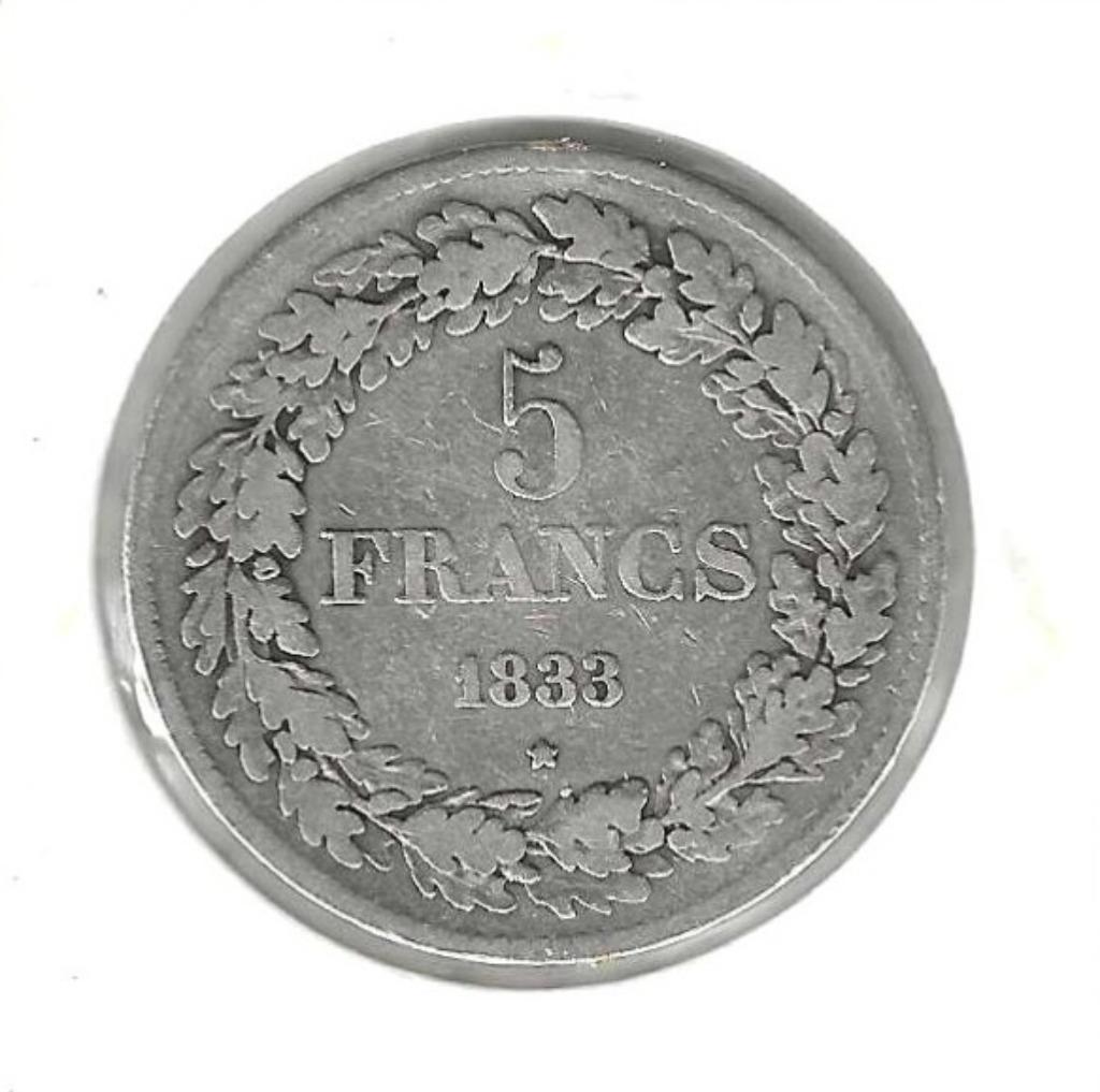Belgique, 5 Francs 1833, pos. B., Postzegels en Munten, Zilver, Ophalen of Verzenden, Losse munt, Zilver