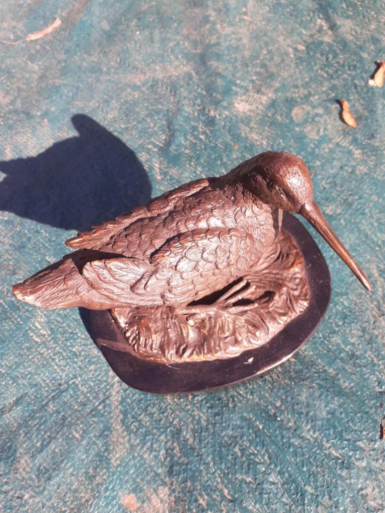 Bronzen beeld op marmeren sokkel (de houtsnip), Verzenden, Gebruikt