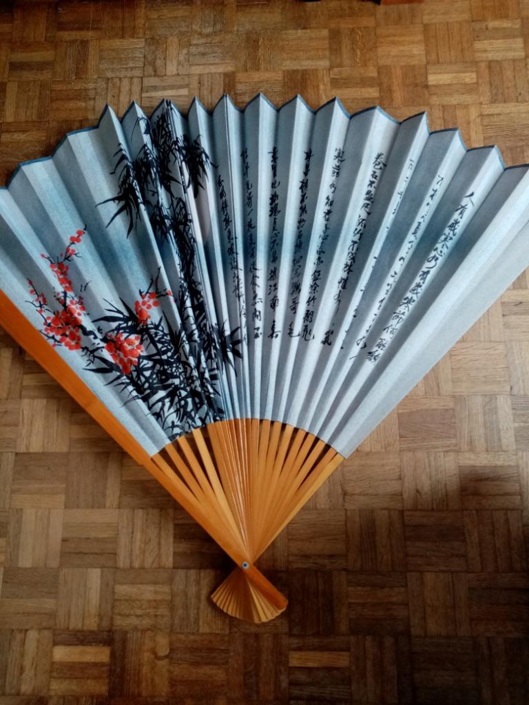 Large Eventail déco Chinois  peinte sur papier 70s 156/86cm, Enlèvement