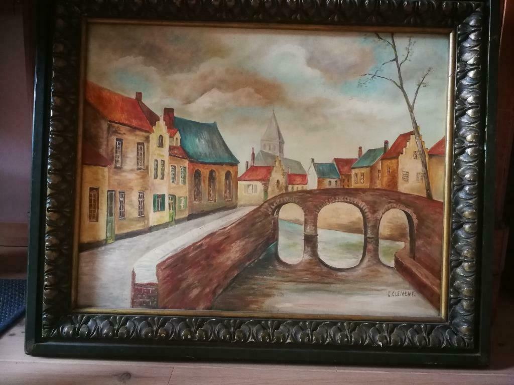 Schilderij oud stadsgezicht met brugje (C. Clement), Ophalen