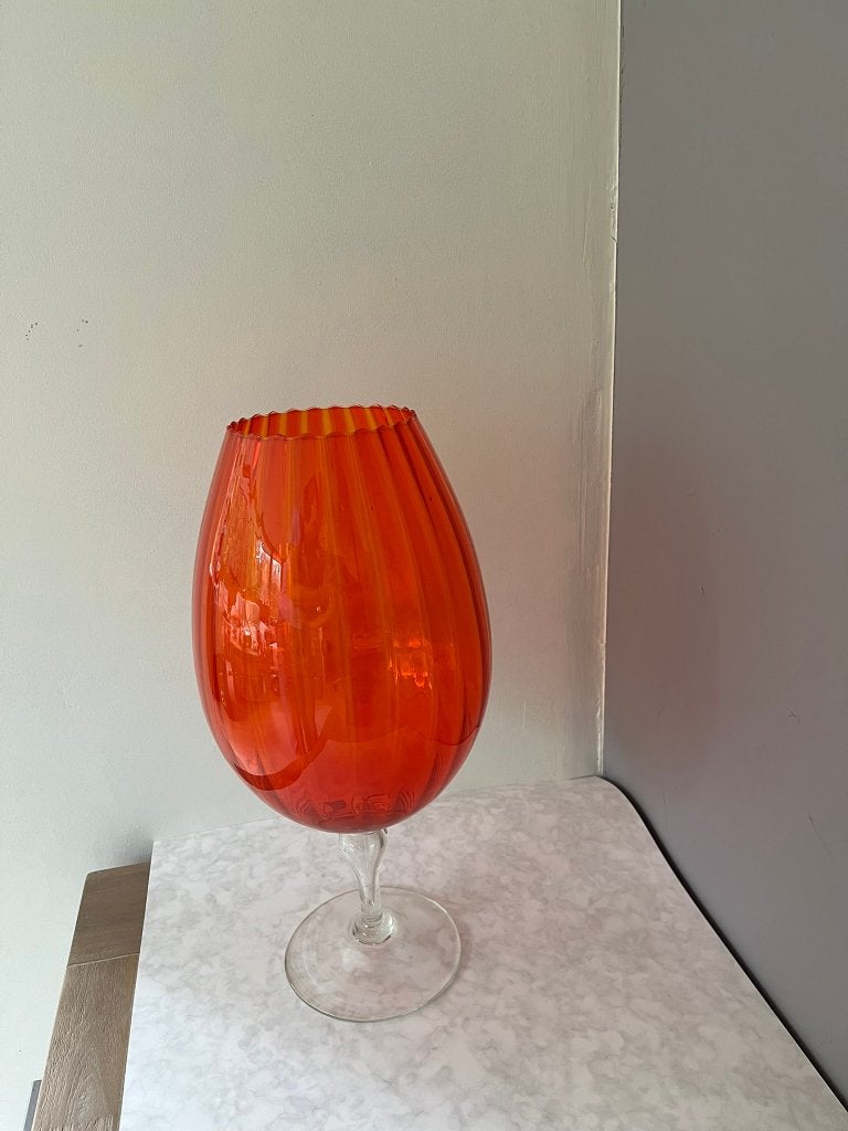 Grand vase Empoli vintage sur pied - verre orange - 48 cm, 48 cm, Verre, Enlèvement, Orange