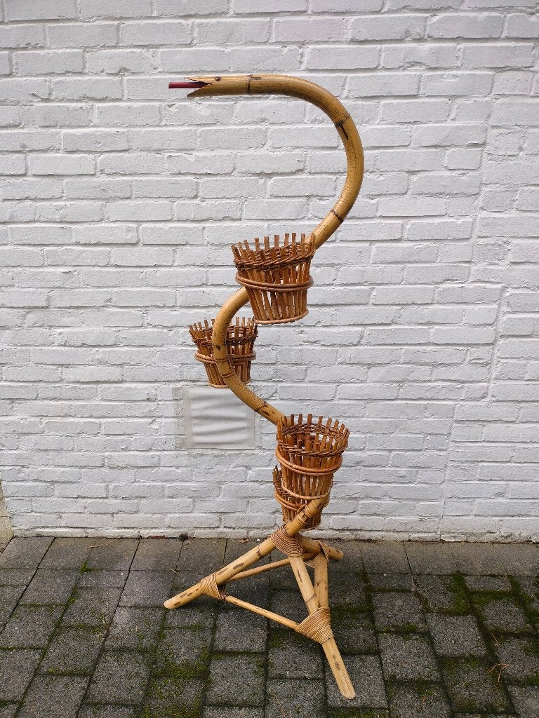 Vintage bamboe plantenstandaard. Slang. 4 plantenhouders., Ophalen