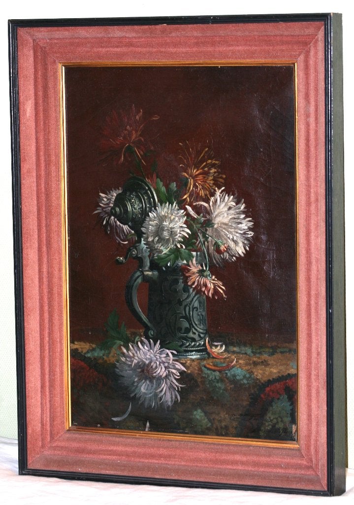 Emile Delrue - Antieke schilderij olie op doek 1892, Gedateerd, Doek, Stilleven, Ophalen of Verzenden