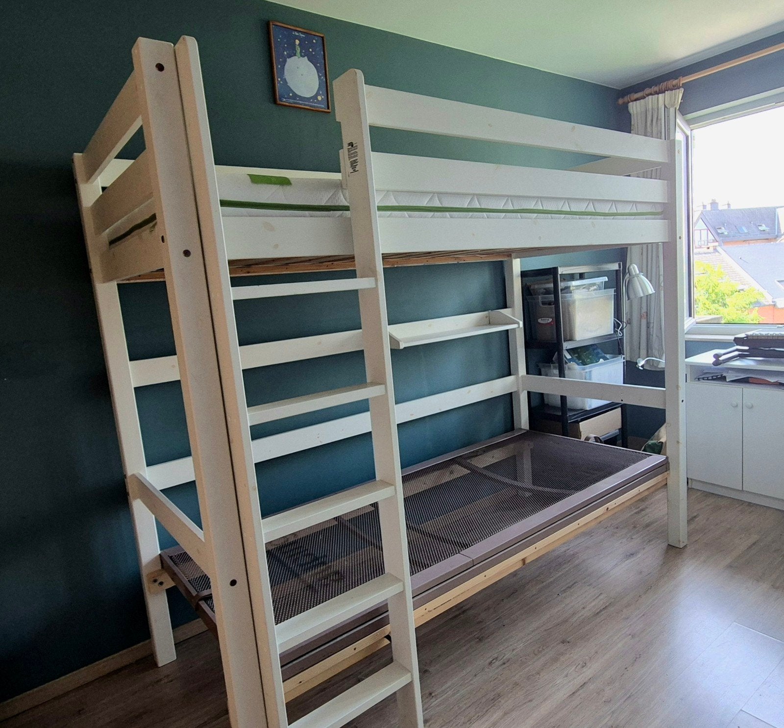 Mezzanine bed met bureau, wit massief grenenhout voor kinder, Ophalen, Hoogslaper, 210 cm, Tweepersoons