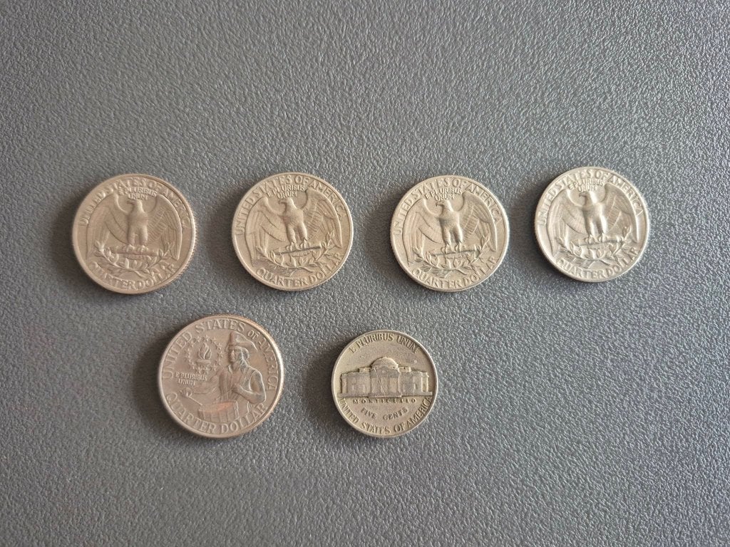 5 x quarter dollars usa + five cents usa, Timbres & Monnaies, Enlèvement ou Envoi, Monnaie en vrac