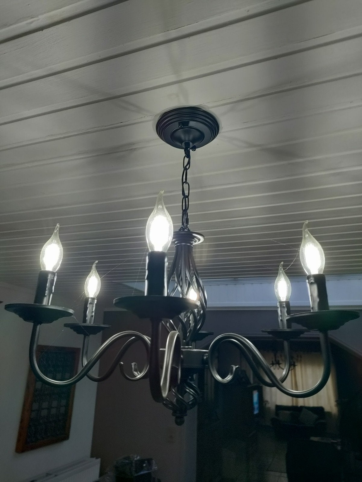 Zwarte smeedijzeren kroonluchter met 6 armen, Huis en Inrichting, Lampen | Kroonluchters, Ophalen, Zo goed als nieuw, Metaal, Fer forgé 6 branches.