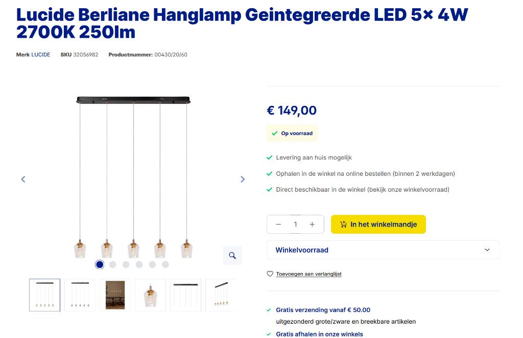 Ruban d'éclairage Lucide Berliane de 5 x 4 watts, Enlèvement, Comme neuf, Verre, 75 cm ou plus