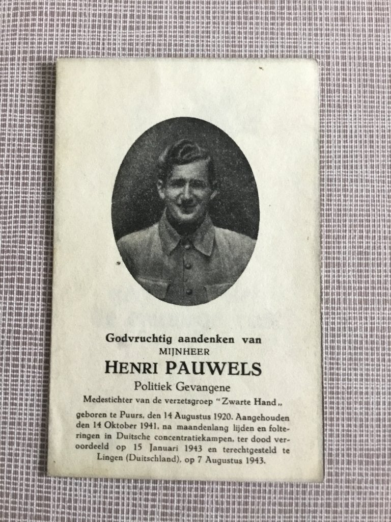 Pauwels Puurs, victime de guerre, exécuté en 1943 Allemagne, Collections, Enlèvement ou Envoi, Image pieuse