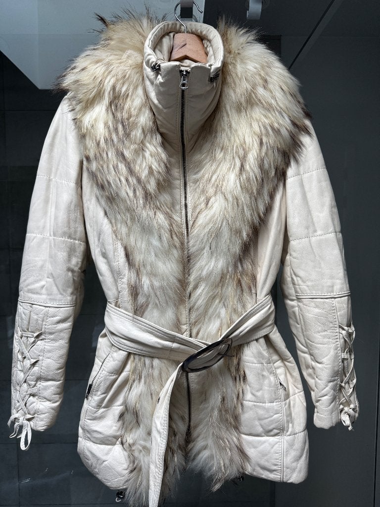 Manteau d’hiver en cuir véritable & fourrure véritable, Enlèvement, Porté, Taille 38/40 (M)
