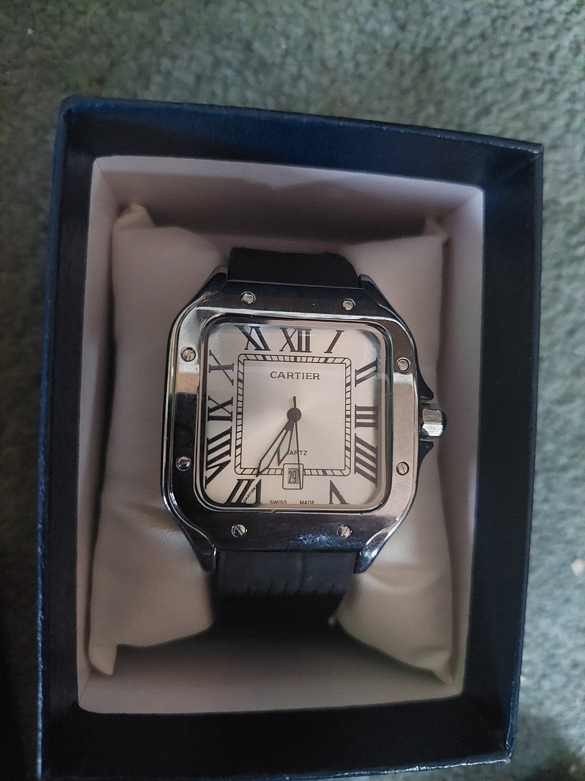 jolie montre Cartier Santos avec bracelet en cuir noir, Autres marques, Enlèvement ou Envoi, Cuir, Acier
